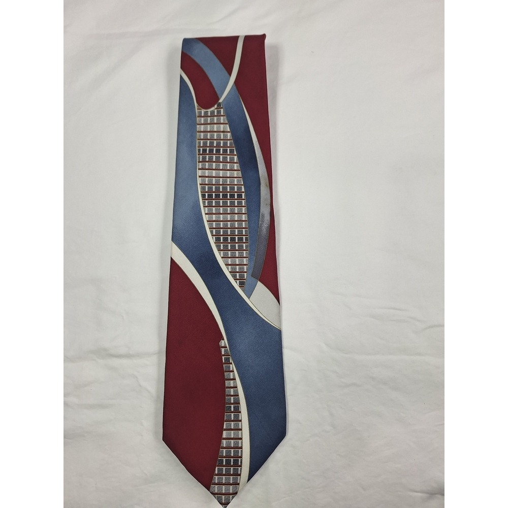 Evan-Picone Mens Silk Necktie Burgundy Blue Abstract Geometric Pattern Tie